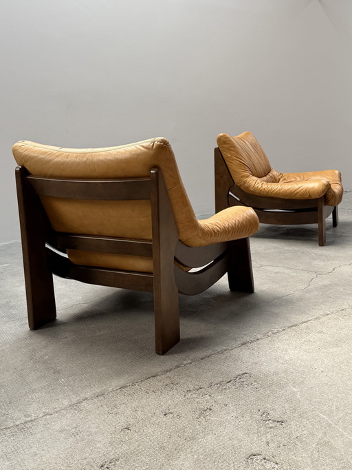 Maison Regain Inscribed set of 2 armchairs solid oak wood leather, France 1970s