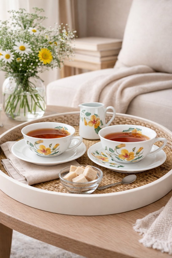 Image 1 of Vintage Pillivuyt thee-/koffieservies – Porselein met bloemenmotief – Frankrijk jaren 70 – Cottage Chic stijl