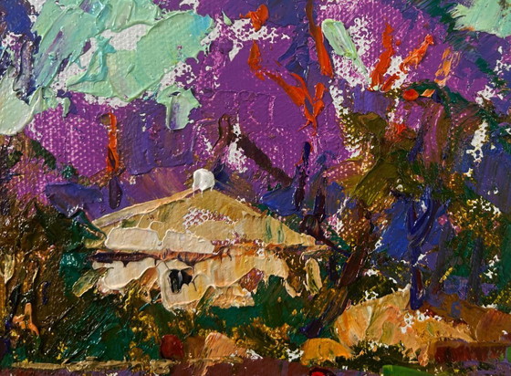 Image 1 of Original Oil Painting Sunset Village Landscape Spring evening in the light of the sky