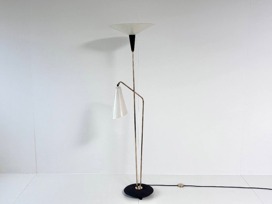 Lampada da terra vintage con uplighter e lampada da lettura, Ottone / Nero, Stile Mid-Century (foto 9 di 15)