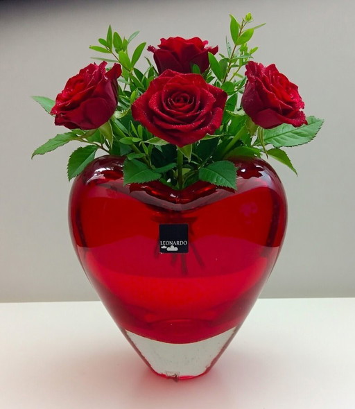 (W009) Leonardo Heart Vase Ruby Red Glass – 17cm – 2kg Heavy Decoration