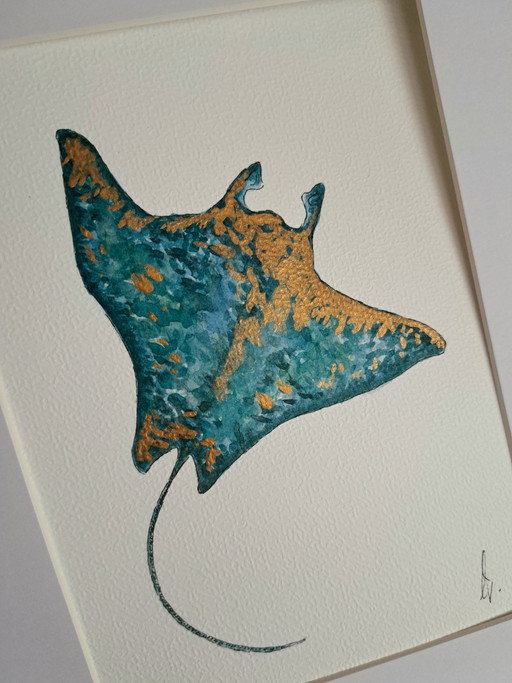 Original watercolor stingray turquoise gold | Includes frame