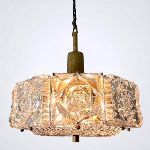 Scandinavian Modern Brass & Crystal Ceiling Lamp – 1960s – Attributed to Carl Fagerlund, Manufactured by Boréns Borås