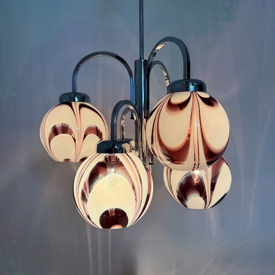 Image 1 of XL Italian purple and white murano glass swirl chandelier , 1970s