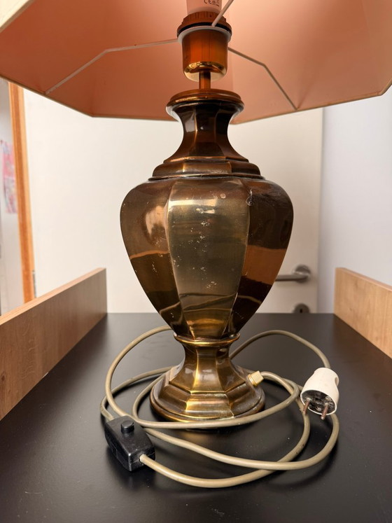 Vintage Maison Le Dauphin Franse Messing Tafellamp – Tafellampen, Textile, Brass (photo 2 of 5)