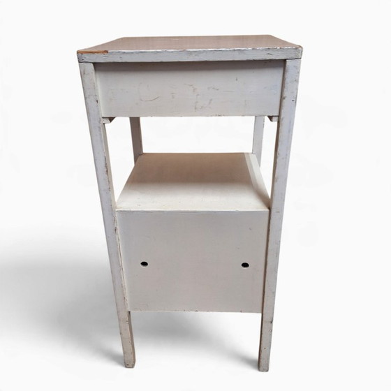 Vintage Nightstand / Cabinet with Drawer and Door, Wood, Plastic, White (photo 7 of 8)