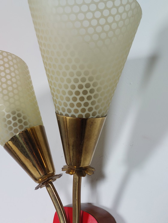 Image 1 of Lampada da parete vintage di metà secolo, lampada a borsa, vetro, ottone, decorazione floreale