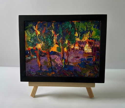 Original Oil Painting Evening Village Landscape Orange Sunset behind the Trees – schilderijen tekeningen, Canvas