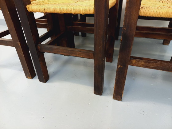 Image 1 of Set of 6 vintage brutalist chairs in solid oak and straw from the 60s