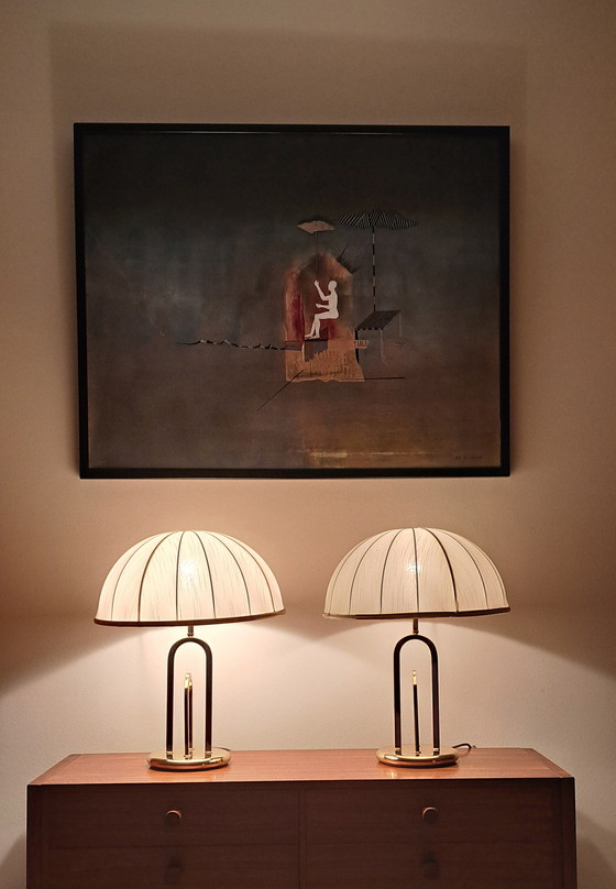 Image 1 of Pair of Hollywood Regency Brass Table Lamps with Pleated Dome Shades – Vintage 1970s – 50 cm