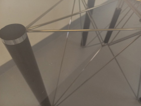 Image 1 of Vintage round dining table in smoked glass, black metal and chrome metal from the 80s