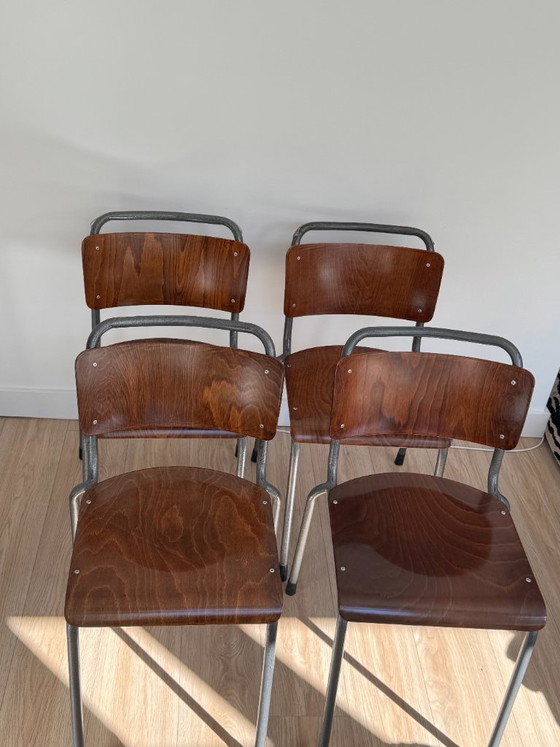 Vintage Industrial Plywood TH-Delft W.H. Gispen Chairs (Set of 4) – Dining chairs, polished steel (photo 5 of 11)