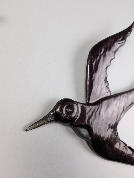 Image 1 of Pair Metal Swallow Wall Sculptures, Signed, 1970s