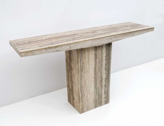 Image 1 of Mid Century Italian Unfilled Travertine and Brass Inlay Console Table