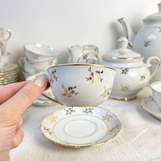 Image 1 of Set da tè/caffè vintage in porcellana bianca con finiture dorate FD Chauvigny
