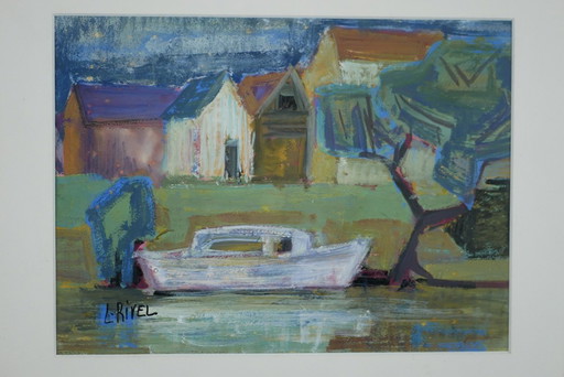 Lucie RIVEL, Boat moored on the canal. Framed gouache.