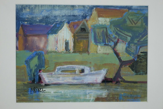 Image 1 of Lucie RIVEL, Boat moored on the canal. Framed gouache.