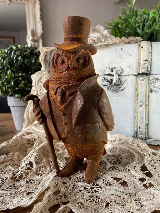 Grazioso gufo in ghisa con bastone da passeggio e cilindro - Spedizione gratuita