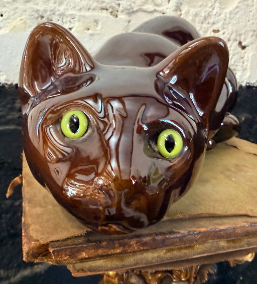Large Vintage Ceramic Cat Sculpture with Glass Eyes – Mint Condition – 37 cm
