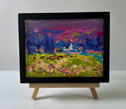 Original Oil Painting Summer Field Landscape Blue Nature Night – schilderijen tekeningen, Canvas