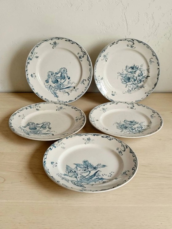5 Steingut-Teller von Creil and Montereau "Crémone", Eisenstein Art Nouveau – Geschirr, Porcelain (photo 2 of 9)