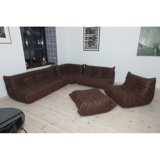 Togo vintage living room set in brown leather by Michel Ducaroy for Ligne Roset, 1970