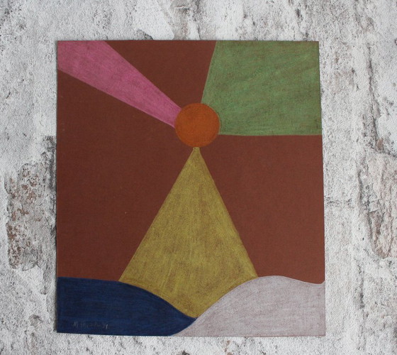 Image 1 of Buntstiftzeichnung Abstrakter Leuchtturm Bunstiftzeichnung auf Malkarton signiert und datiert ohne Rahmen vintage Bild