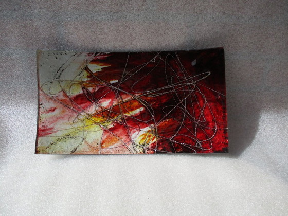 Image 1 of Fused glass sushi bowl or tray, rectangular, garnet/gold wire.