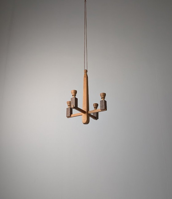 Image 1 of Danish Art Deco Style Wooden Candle Chandelier, 1970s
