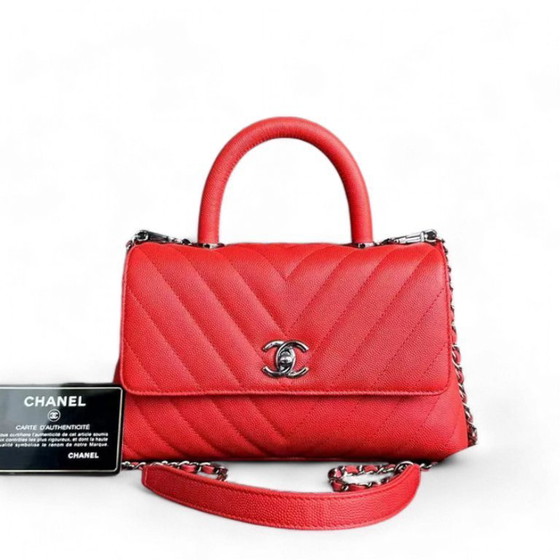 Image 1 of Chanel Caviar Small Coco Handle Chevron Calfskin Light Red Silver Hardware Series 28