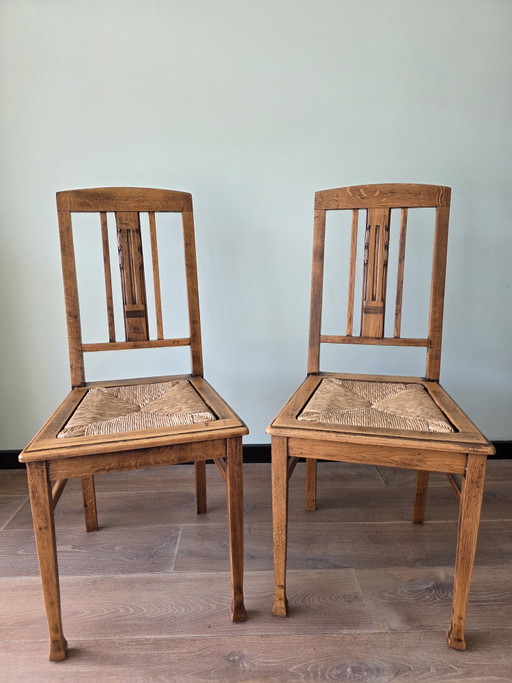 Sillas Art Déco de roble con asientos de mimbre, juego de 2