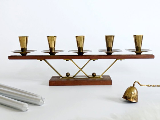 Image 1 of Midcentury Teak and Brass Candelabra for 5 candles | Germany, 1960s