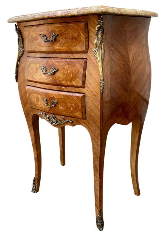 Image 1 of Pair of marquetry bedside tables - veined marble tops - Louis XV style