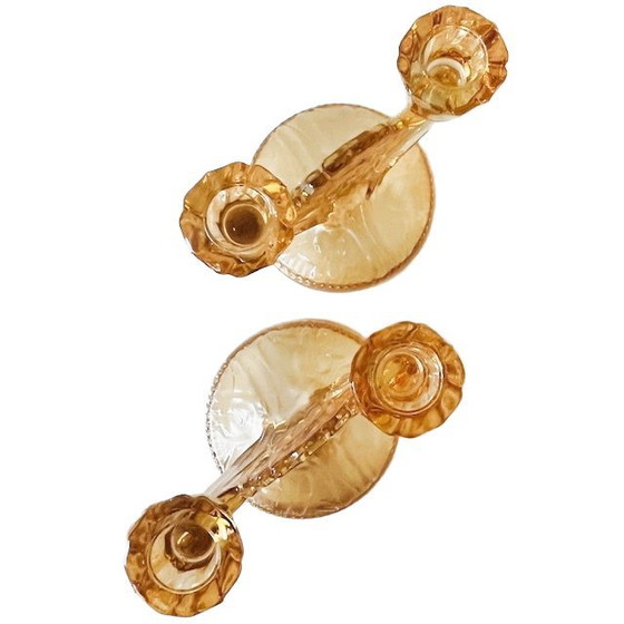 Image 1 of Vintage pair of Jeanette Carnival glass peach candlesticks art deco 1930s
