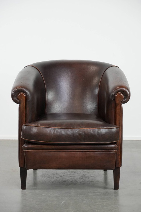 Image 1 of Donkerbruine Vintage Clubfauteuil In Engelse Stijl Gemaakt Van Schapenleer