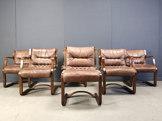 Image 1 of Vintage Asko Pajamies Finland leren multiplex stoelen, set van 6 - jaren 70