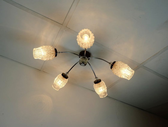 Image 1 of Plafonnier spoutnik à 5 lumières, métal chromé, verre chromé, Mid Century