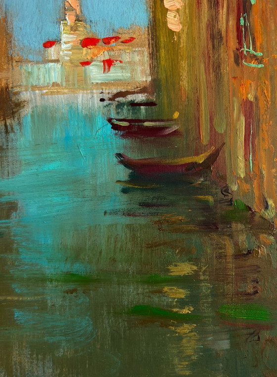Image 1 of Original Oil Painting River Street Landscape Water channels of the city walls