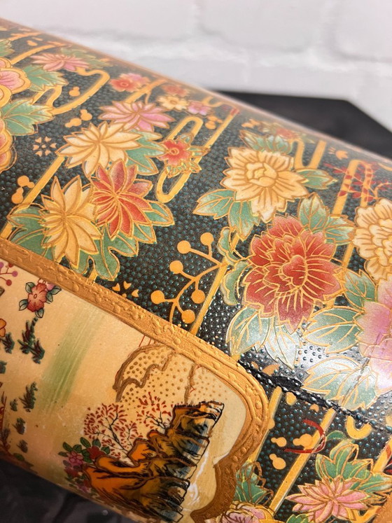 Image 1 of Vintage Satsuma large floor vase umbrella stand Japanese chinoiserie ceramic vase
