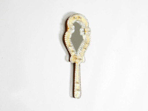 Beautiful Venetian Mid-Century Modern hand or wall mirror with Murano glass rosettes. Made in Italy