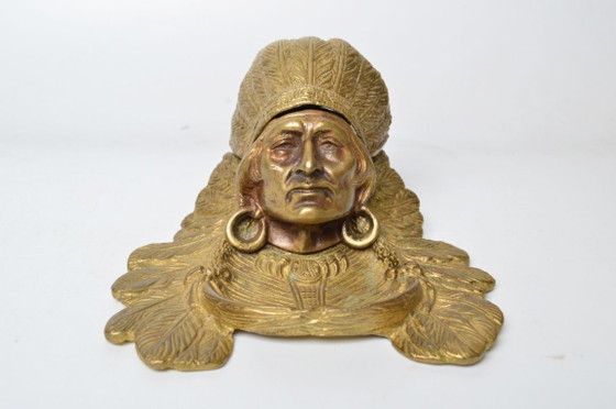 Image 1 of Antieke inktpot in de vorm van een Indiaans opperhoofd / Verguld brons / Indiaans hoofd uit begin 1900