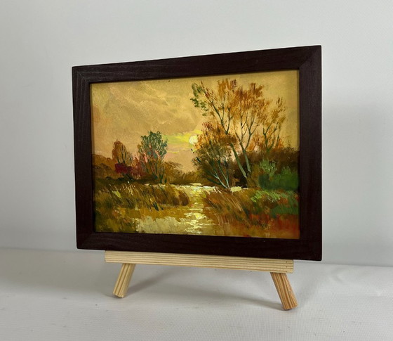 Image 1 of Origineel olieverfschilderij: Herfstboslandschap. Een rustige avond in oranje tinten.
