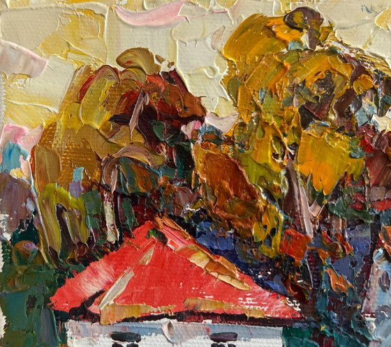 Image 1 of Original Oil Painting Autumn Village Landscape Autumn yellow sunset