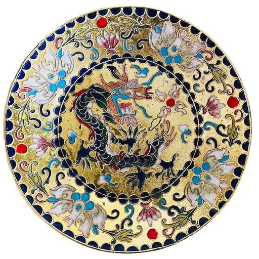 Plato decorativo vintage de latón cloisonné dragón años 80