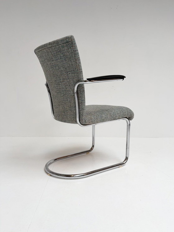 Set di 2 sedie a struttura tubolare Dutch Design De Wit, anni '50, Toon de Wit, Poltrone, Cromo, Tessile (foto 6 di 15)