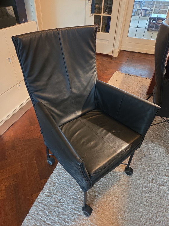 Massief kersenhout eettafel + 5 montis chaplin stoelen, Leer, Bruin (foto 4 van 5)