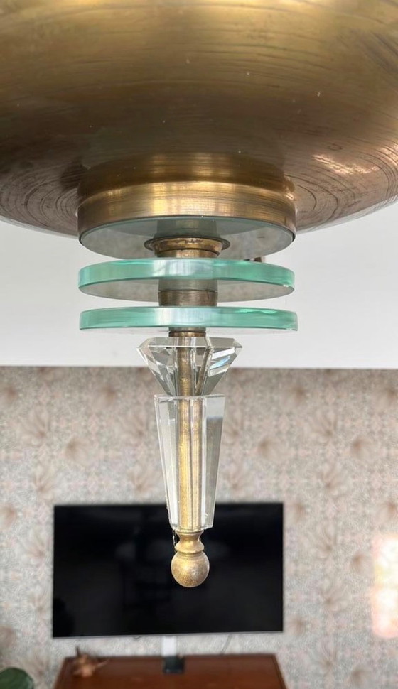 Image 1 of Beautiful large Art Deco chandelier (6-arms) - 1930s - Brass & Glass