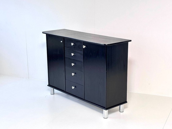 Vintage Sideboard in Black, 5 Drawers, Crystal Knobs & Chrome Feet, 1990s, Wood, Metal, Modern (photo 11 of 15)