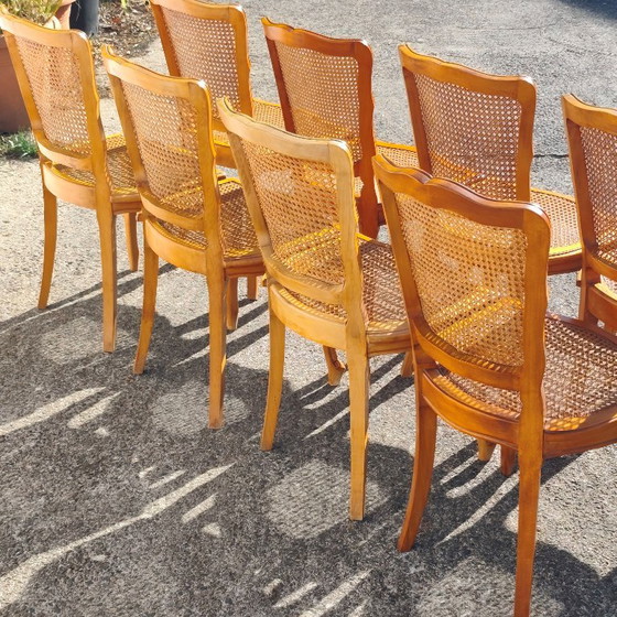 Set di 8 sedie da pranzo francesi vintage in rattan - 8 sedie da cottage in legno di ciliegio - Stile Luigi (photo 5 of 15)