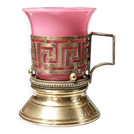 Antique pink opaline and gilded brass cup holder/candle holder, 19th century